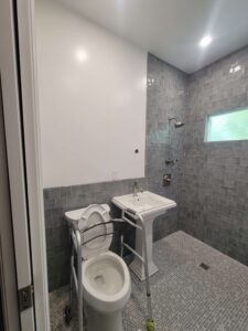 Finished product: wheelchair-accessible shower, toilet, and sink